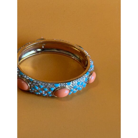 Stella and Dot Turquoise Coral Rhinestone Hinged Bangle Bracelet - Picture 2 of 5